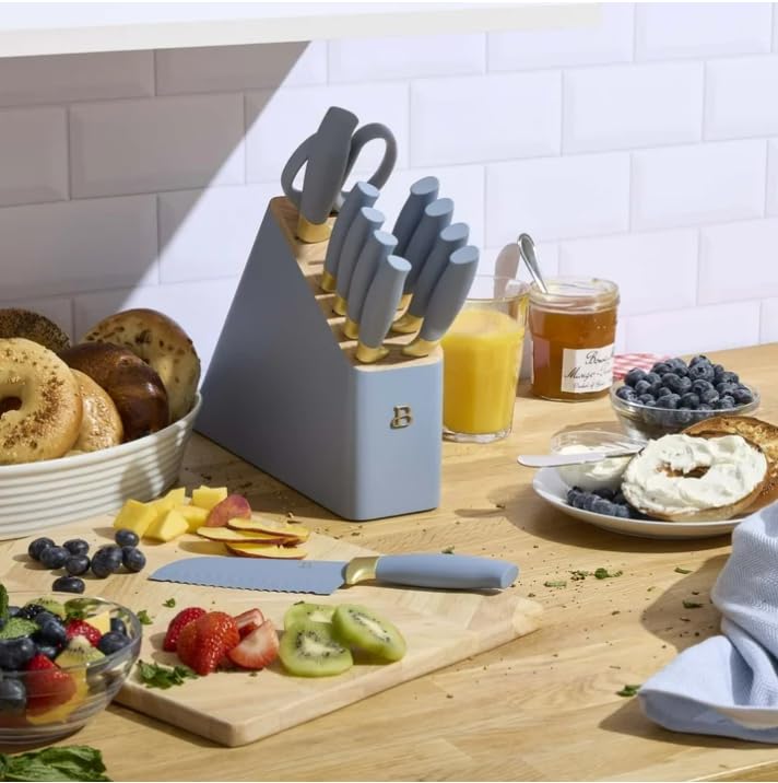 Beautifull 12 Pc Cornflower & Gold Knife Block Set with Soft-Grip Ergonomic Handles by Drew Barrymore