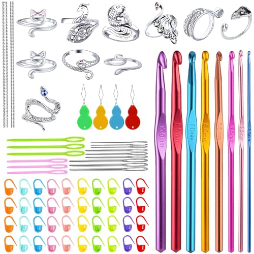 QVMKWL 10 Pcs Crochet Rings Knitting Ring for Finger and 8 Sizes Crochet Hooks with Crochet Accessories and Gadgets (8 Size Crochet Hooks)