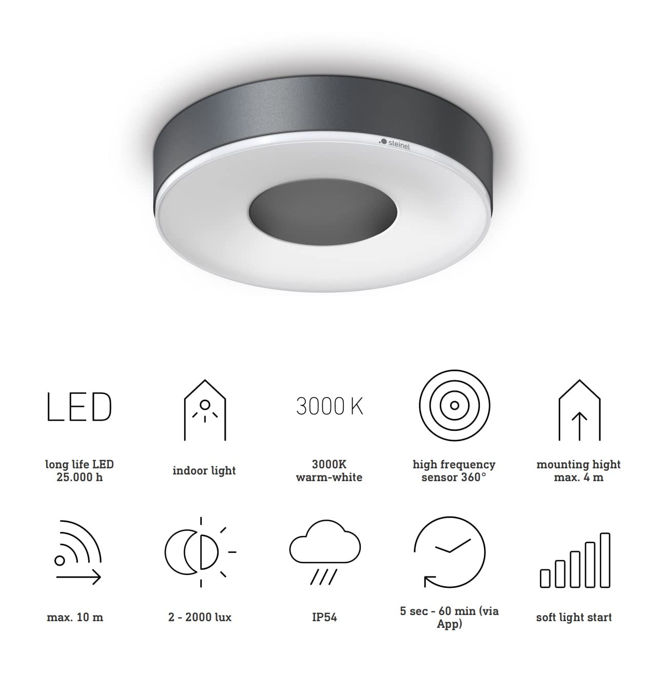 Steinel LED Deckenleuchte RS 200 SC Connect, smarte Wandleuchte, Bewegungsmelder, dimmbar, bedienbar per App, Zeitplan, 17.1 W, 3000 K, Anthrazit