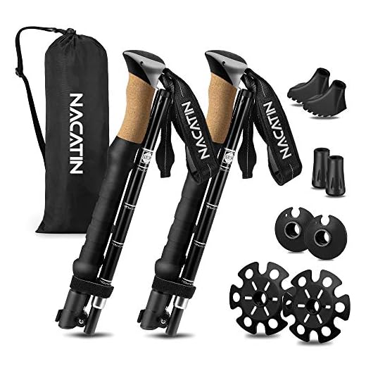 NACATIN Bâtons de Randonnée, 2 PCS Bâtons de Marche Pliable en Alliage d'aluminium avec Système de Serrure,Antichoc,Antiderapant pour Marche Nordique, Alpinisme, Ski, Trekking