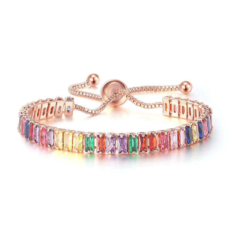 CiNily Adjustable Tennis Bracelets for Women Teen Girls Rainbow Cubic Zirconia Bracelet 14K White Gold Plated Hypoallergenic Slider Bracelet Jewelry Gift