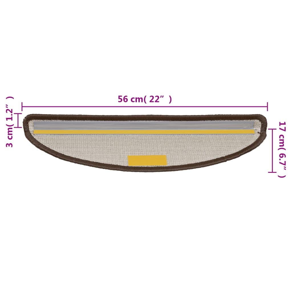 Set di 10 tappetini per gradini, 56 x 17 x 3 cm, semicircolari, in 100% polipropilene trapuntato, con protezione antiscivolo autoadesiva, per interni scale in legno