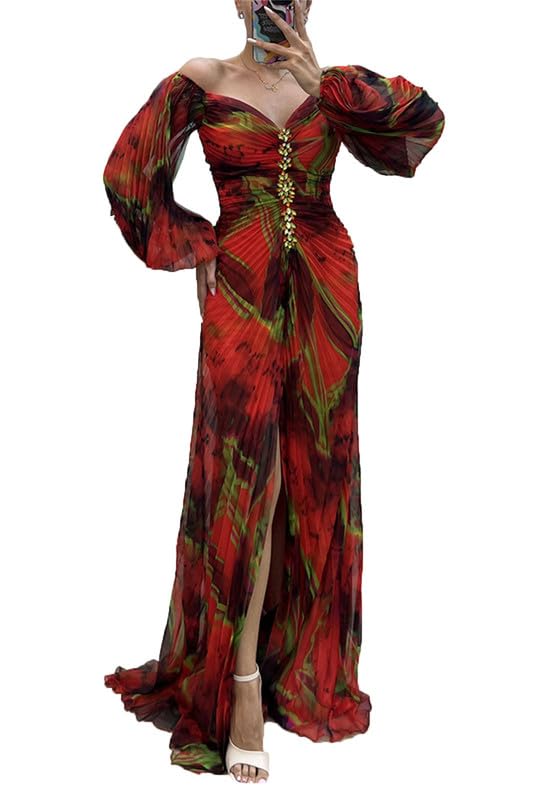 VIVICOLOR off Shoulder Manga Larga Plisado Vestido Estampado Mujeres Volantes Bodycon Alto Abertura Vestido, 26, S