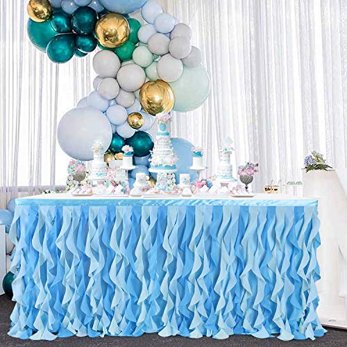 6ft Blue Curly Willow Table Skirt for Baby Shark Boy Gender Reveal Under The Sea Tulle Tutu Table Skirt for Rectangle Tables or Round Tables for Birthday Bridal Wedding Mermaid Party
