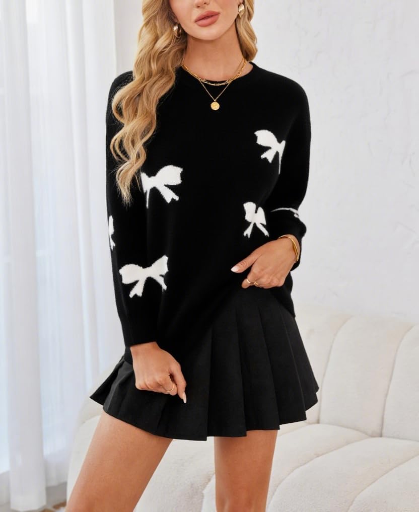 Bow Sweater Women Long Sleeve Crewneck Cute Sweaters Casual Vintage Sweater with Bow Winter Oversized Sweaters - Image 5