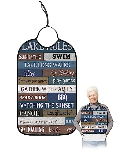 LEOKOTI Farmhouse Retro Brown Wood Adult Bibs for Eating, Waterproof Bibs with Food Catcher & Adjustable Snap Closure, Positive Words Washable Clothing Protectors Adult Bibs for Elderly Women/Men