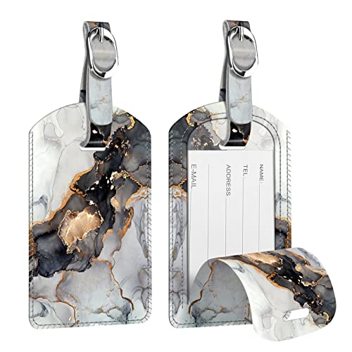 [2 Stück] Fintie Kofferanhänger aus Kunstleder, Gepäckanhänger ID Etikett mit Adressschild Namenschild für Reisetasche Koffer, Trüber Marmor
