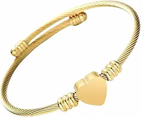 Pulseira Dourada Ajustável Estilo Coração em Aço Inox 316 Para Presente Bracelete Feminino Elegante e Moderno