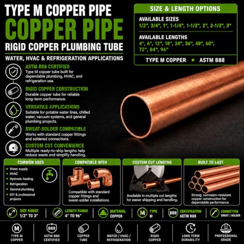 Image of 1 /2 Inch Type M Copper Pipe, Rigid Plumbing Tube for Water, HVAC and Refrigeration, ASTM B88 Certified, Sweat-Solder Compatible (0.5, 1 /2 inch (0.625 inch OD / 0.569 inch ID), Inches, 6, Inches)