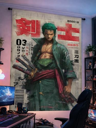 Image of ComicSense.xyz Santoryu Warrior Printed Anime Tapestry, Anime Theme Curtain Backdrop for Wall Hanging Home Decor Living Room Bedroom- 83 X 53 Inches