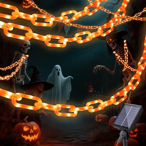 Solar Halloween Decoration String Lights,10.5 FT 175LED Orange Plastic Chain Light with Memory Timer,Waterproof Solar Halloween Light for Yard,Haunted House,Skeleton Dog, Porch,Costume,Spooky,Party