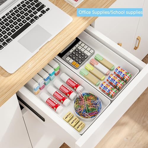 Image of ihomecooker 3 Pack White Large Size Plastic Drawer Organizer Tray Cutlery Utensil Makeups Drawer Organizers 15 inch X 6 inch