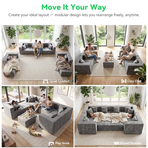 Image of MONVANE Oversized Boneless Sectional Couches for Living Room, 8-Seat Cloud Couch, Modular Sofa with Ottoman & 8 Throw Pillows, Comfy Chenille, No Assembly Required, Light Gray