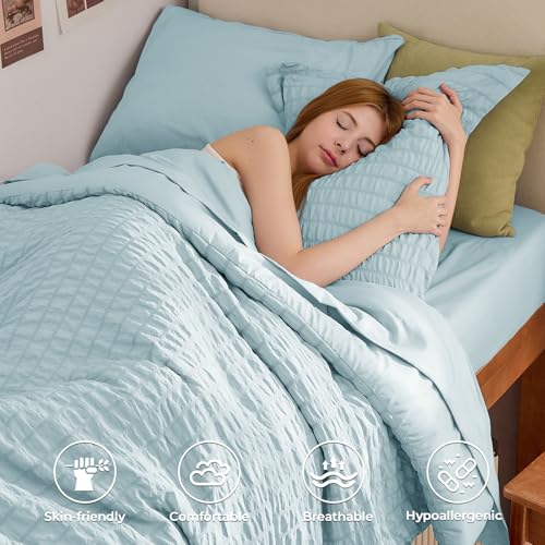 Image of HYMOKEGE Lake Blue Twin XL Comforter Set Seersucker 5 Pieces, All Season Luxury Bed in a Bag for Bedroom, Bedding Set with Comforters, Sheets, Pillowcase & Sham