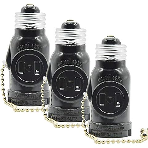 2 Outlet Light Socket Adapter,E26 Bulb Socket to Outlet Splitter,Converts Medium Screw Socket into a Socket with Two outlets,Polarized Outlet,with Pull Chain Switch. UL Listed, Black (3-Pack) Cover
