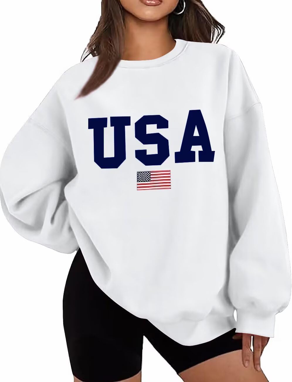 Dressmine Womens Oversized USA Sweatshirt Fleece Long Sleeve Pullover American Flag Crewneck Sweater Graphic Hoodies
