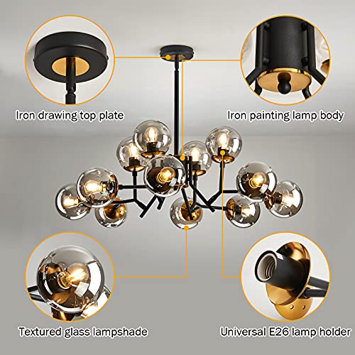 Image of UOFUS 12-Light Mid-Century Modern Black Sputnik Chandelier with Glass Globe