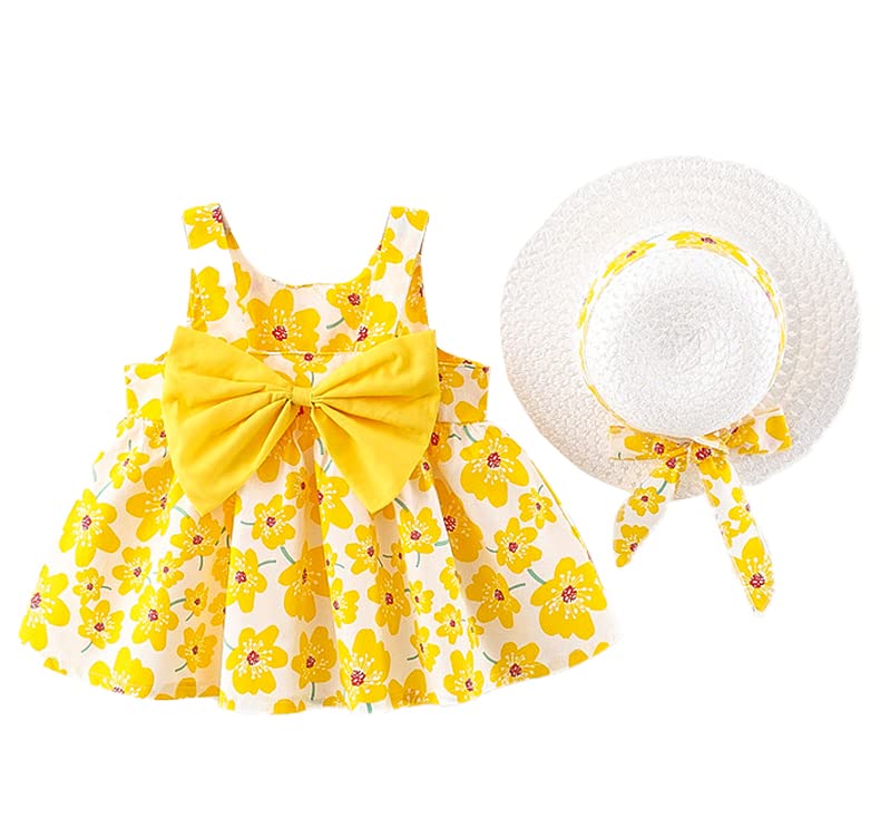 Toddler Baby Girls Floral Print Bowknot Dress Boho Ruffle Princess Birthday Party Casual Beach Dresses Summer Sleeveless Swing Sundress with Straw Hat Clothes Set #Yellow 2-3 Years