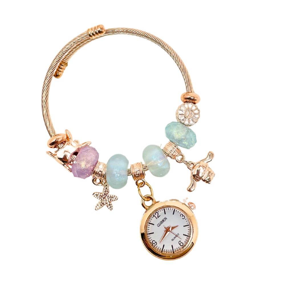 ZOVUTA Women And Girls Fashion Stainless Steel Beaded Adjustable Quartz Analog Watch Bangle Jewellery Friendship Bracelet - Rose Gold With Sky Blue (Random Pearl Designs) (B0CVDN3JN5) Amazon Price History, Amazon Price Tracker
