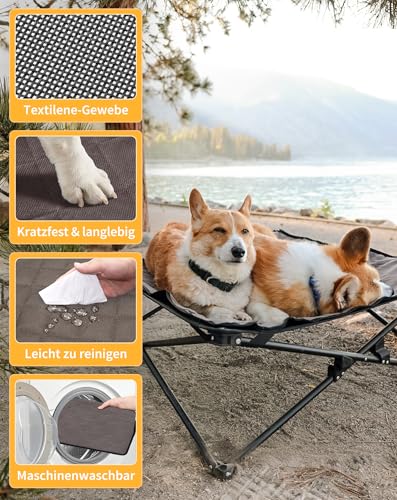 KingCamp Erhöhtes Hundebett Hundeliege Outdoor Haustierbett Haustierliege Atmungsaktivem Mesh & Wildledermatte & Rutschfesten Füßen für Reisen Garten Outdoor Indoor, Schwarz 77 x 77 x 30 cm