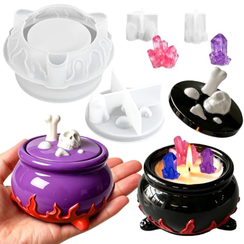 ZQYSING Halloween Resin Jar Molds Set, Witch Cauldron with 2 Crystal Molds