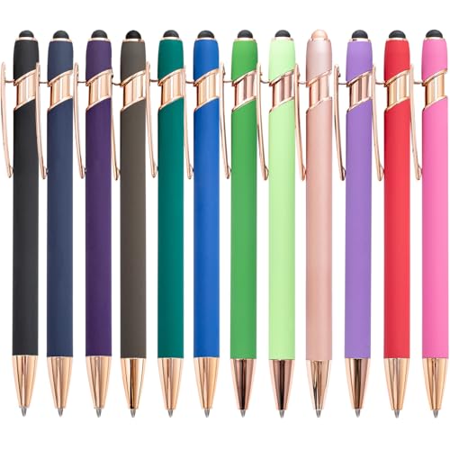 mumrap 12 pcs Ballpoint Pens Retractable Multipack 2 in 1 Pens set with Stylus tip Black Ink funny pens for work colleagues cute stationary Women Men office gift(Rainbow rose gold)