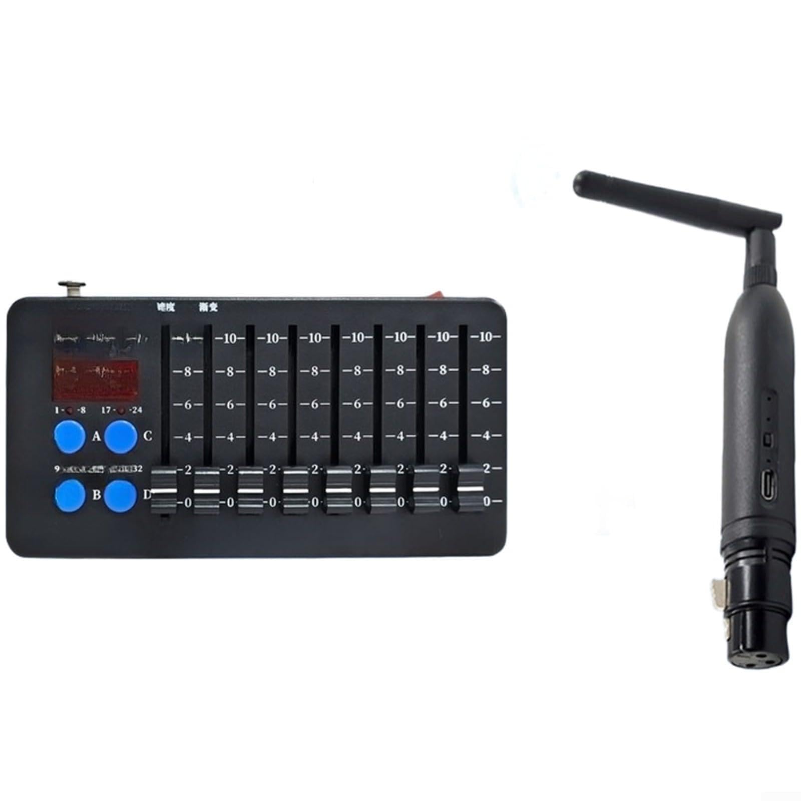 Controller DMX512 a 32 canali con funzione wireless, ricaricabile da 3000 mAh per batteria, controllo della luce programmabile per palcoscenico DJ, 8 fader, display LED, nero, compatto per spettacoli