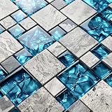 Glass Stone Mosaic Tile Teal Blue Gray for Backsplash Shower Wall 5SQFT