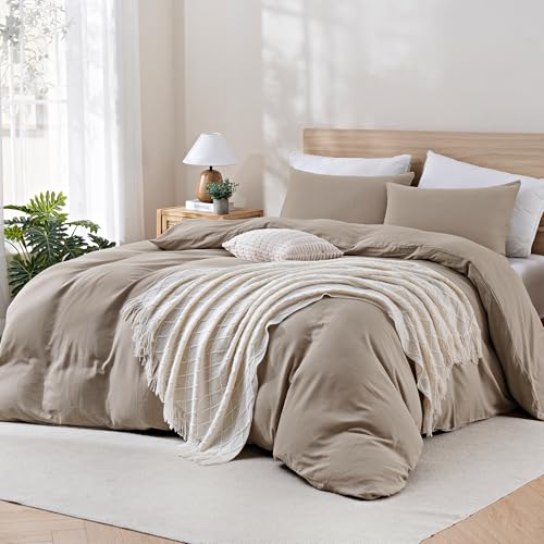 Image of TOCOMOA Muslin Duvet Cover 100% Cotton Like Linen Texture Breathable Soft Comfy 3-Piece Taupe Comforter Cover Bedding Set (King 104 inchx90 inch, Comforter Not Included)