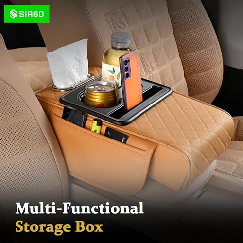 Image of SIAGO SIA399 Premium Car Armrest Cover | 5-in-1 Center Console Organizer with Cup Holder, Phone Slot, & Storage Bags | Anti-Slip PU Leather Cushion for Sedans & SUVs (Tan)
