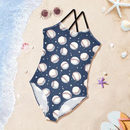 Girls One Piece Swimsuits Baseball Pattern Cute Swimwear Bathing Suits 3-10T4