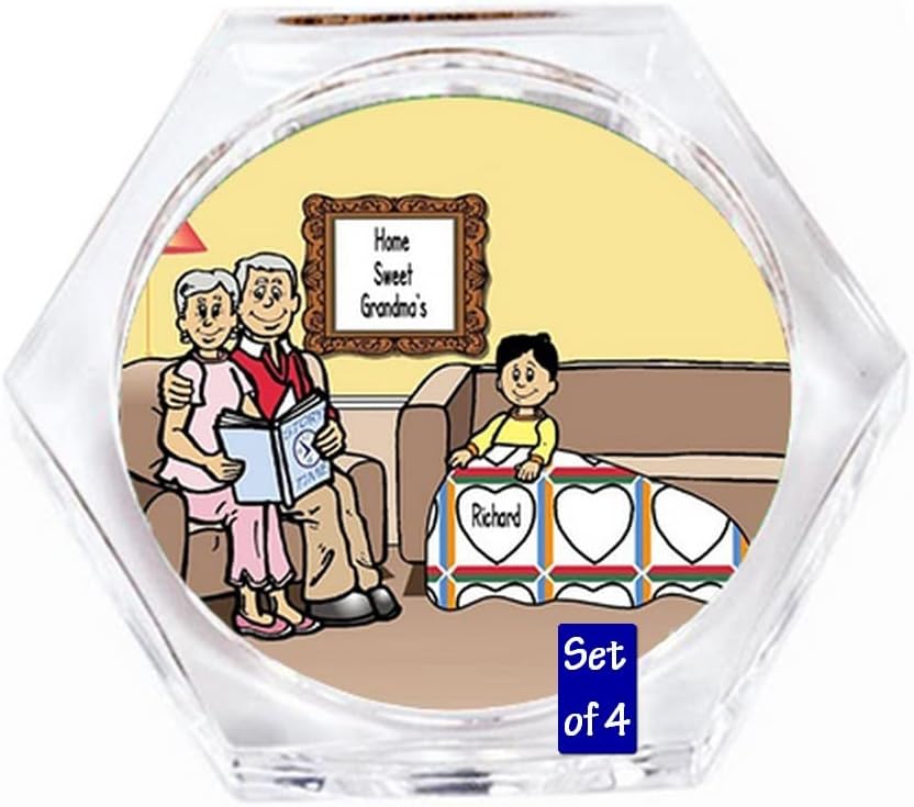 Personalized Grandma & Grandpa Reading 1 boy Drink Set of 4 Coasters - Great Gift!
