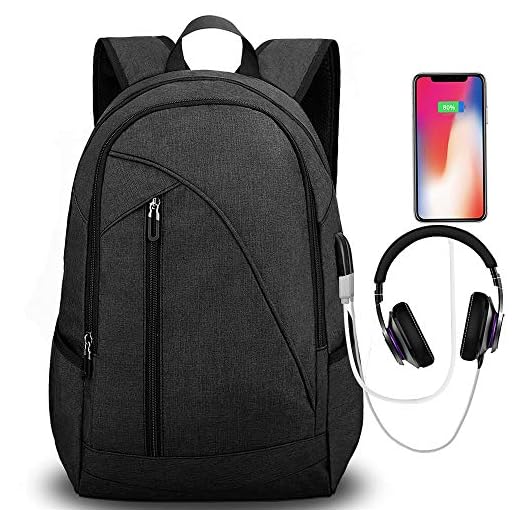 Tocode Water Resistant Laptop Backpack with USB Charging Port Headphone Port Fits up to 17-Inch Laptop Computer Backpacks Travel Daypack School Bags for Men and Women Black