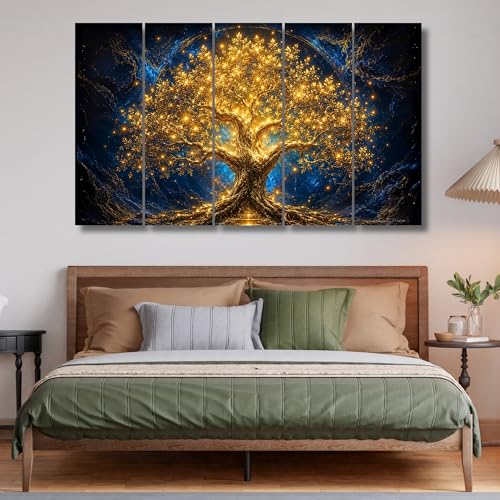 Image of Nozvera Tree of Life Golden 5 Panel Wall Painting | Large 48x24 Inch UV Printed Canvas Art | Glowing Mystical Tree Wall Decor for Living Room, Office, Bedroom | Waterproof Antifade Multipiece Home Decor Gift