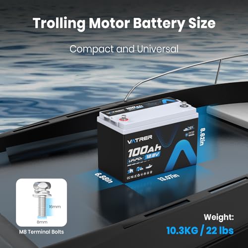 Image of 12V 100AH Built-in 150A BMS Trolling Motor LiFePO4 Lithium Battery with 1920W, VATRER POWER Rechargeable Deep Cycle LiFePO4 Battery, for Trolling Motors Boat Marine Off-Grid Solar Camping, etc.