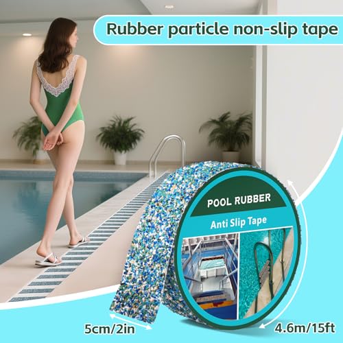 Image of Pool Rubber Anti Slip Tape 2in x 15ft, Waterproof Non-Slip Tape, Ideal for Bare Feet Safety Near Pools, Steps and Ramps(2in x 15ft, Blue)