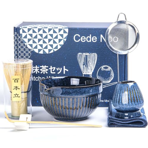 7pcs Matcha Whisk Set with 18oz Spout Bowl, Japanese Tea Ceremony Kit, Natural Bamboo Whisk Scoop, Ceramic Holder Sifter Towel, Best Gift for Beginners and Matcha Lovers