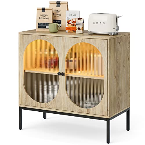 Ikifly Led Sideboard Buffet Cabinet, Kitchen Storage Cabinet With Fluted Glass Doors, Height-Adjustable Shelf, Freestanding Cupboard Console Table, For Dining Living Room Hallway Office - Natural #TOP2