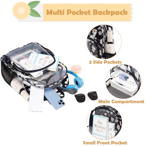Kimwadalh Heavy Duty Clear Backpack, Black Daisy TPU See Through backpack for Women, Lightweight Clear Book Bag for School College Work Travel Beach Swim4