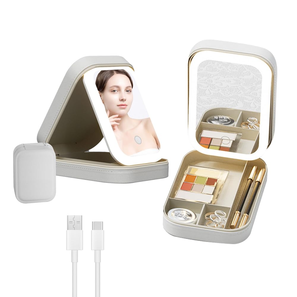 CJBIN Neceser Maquillaje con Espejo Iluminado, Bolsa Maquillaje con Luz Complementaria Led De 3 Colores, Organizador de Viaje con Espejo Iluminado, Maletín de Maquillaje Portátil con Separadores