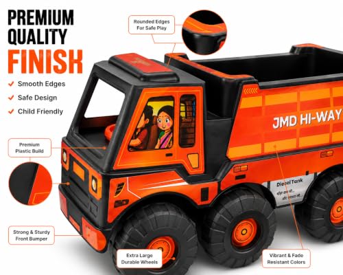 Image of Kids Ride On Dumper Truck Toy Orange for Age 2-8 Kids Ride On Dumper Truck Toy for Boys & Girls | Heavy Duty Plastic Hi-Way Dump Truck | Large Construction Vehicle Toy | Big Wheels | Age 2-8 Years |