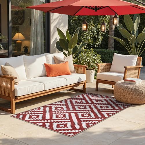Image of GENIMO Outdoor Rug 3'x5' Waterproof for Porch, Plastic Door Mat Ruby White | Outside Modern Carpet for Patio Decor, Balcony, Deck, Backyard, Picnic, Camping, RV, Reversible, Foldable, Lightweight