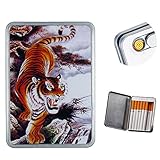 USB Cigarette Lighter Case Cigarette Box Regular Cigarettes Electronic Flameless Rechargeable Windproof Lighters Can Hold 16 pcs King Size Cigarette Smoke (Tiger USB Lighter)