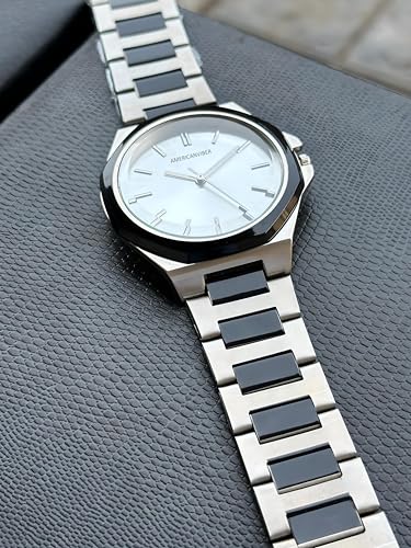 Image of AMERICANVIBER Modern Analog Watch, Silver and Black Two-Tone Stainless Steel Band, Octagonal Case, White Dial for Men
