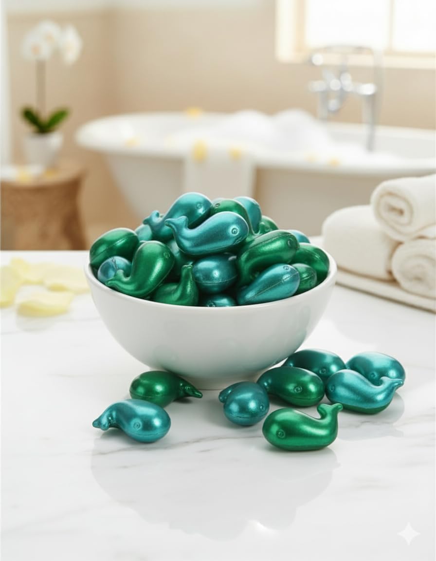 Lot de 12 Perles de Bain Animaux Baleine – Parfum Monoï – Fabrication Française & Sans Paraben – Huile de Soin Hydratante Exotique