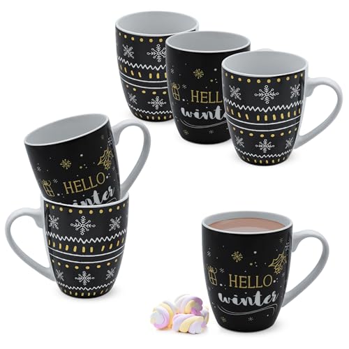Tazza da caffè in ceramica fine, 300 ml, con motivo invernale, set da 6 pezzi, in porcellana, con manico, tazza di Natale, tazza da tè invernale, tazza da tè per vin brulè, punsch caffè