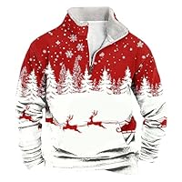 Christmas Jumpers for Men,Mens 1/4 Zip Christmas Sweatshirt Ugly Jumper Long Sleeve Sweater Fleece Stand Collar Sweatshirts Reindeer Snowflakes Printed Jumpers Funny Xmas Warm Cosy Sweaters Red
