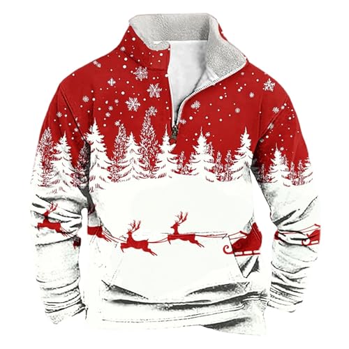 Mens Christmas Jumper Ugly Christmas Jumpers for men 1/4 Zip Xmas Sweatshirt Reindeer Snowflakes Printed Jumpers Warm Long Sleeve Fleece Top Funny Festive Holiday Xmas Pullover (1-Red, XXXL)