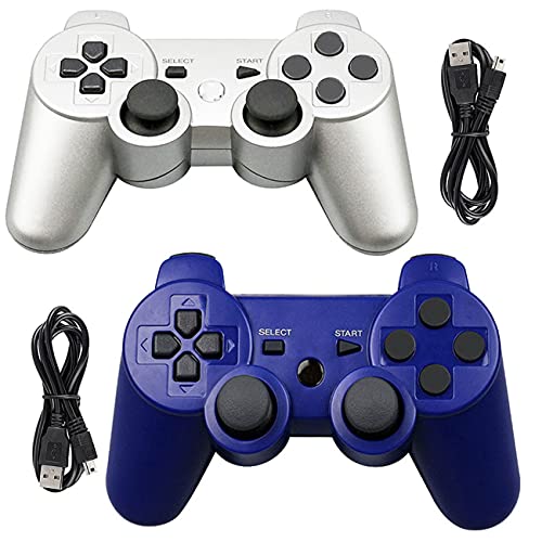 Tidoom PS3 Controller Wireless Playstation 3 Controller Bluetooth Joystick Compatible for PS3 Controller with Charging Cables Blue and Silver 2 Pack