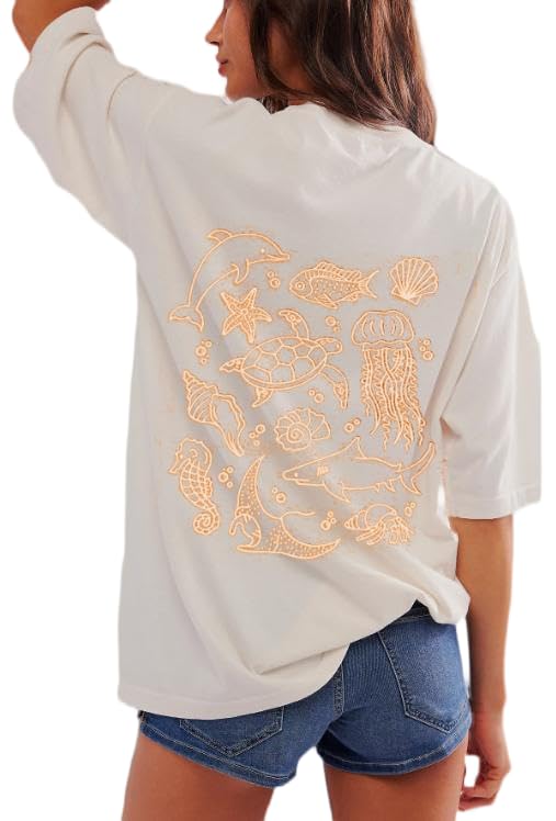 Image of Summer Oversized Flower Graphic Tees Y2k Coastal Beach Palm Surfboard Tops Baggy T-Shirts Teen Girls Preppy Clothes
